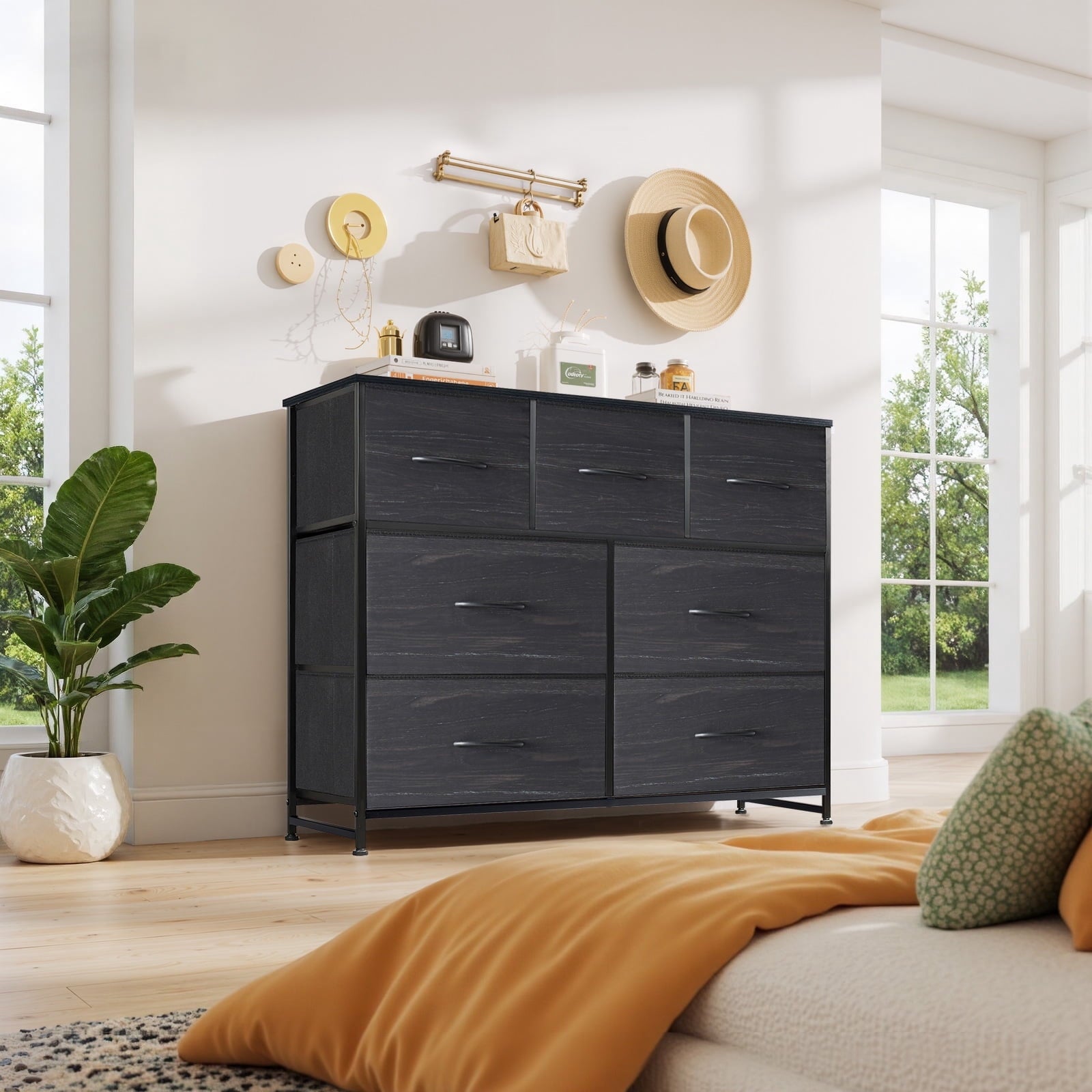 Dresser, Storage Organizer with 7 Drawers for Bedroom, Chest of Drawers with Fabric Bins, Sturdy Metal Frame, Wood Tabletop for Guest Room, Closet, Entryway, Nursery, Black