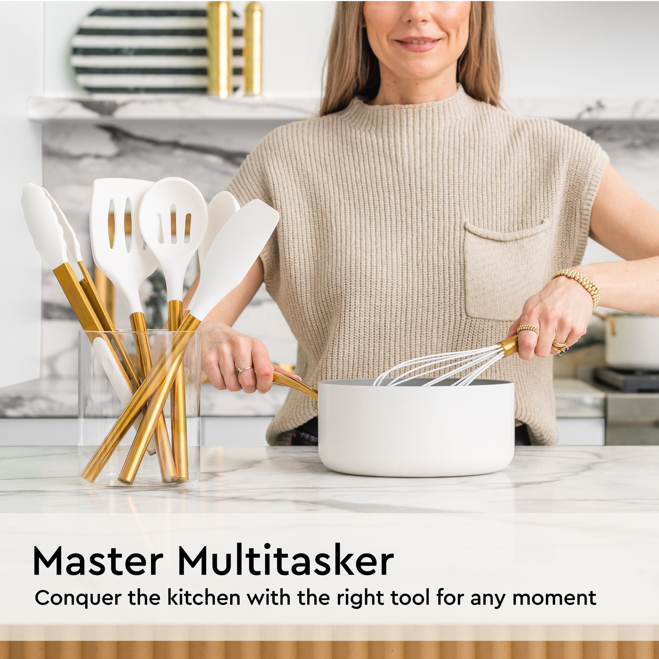 White Silicone and Gold Cooking Utensils Set