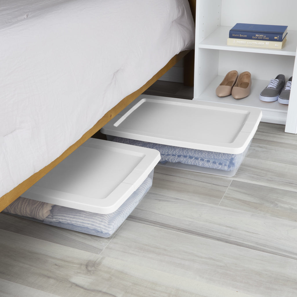 Set of (2) 28 Quart Storage Bins, Clear Plastic Storage Bin with Snap-on Lid, White