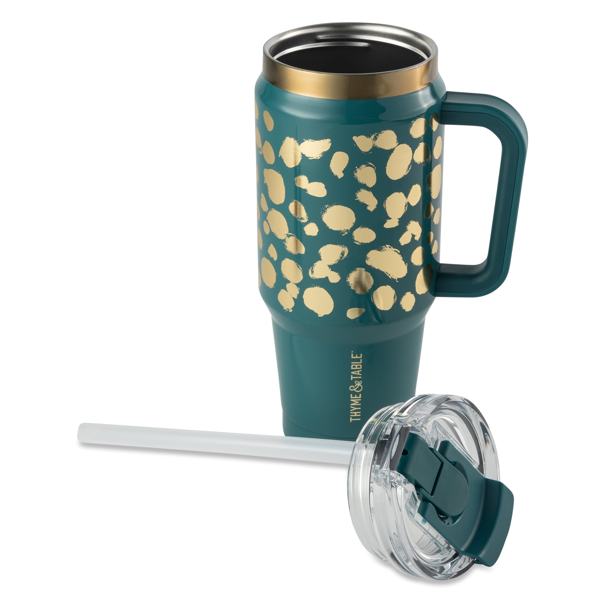Thyme &amp; Table 32 fl oz Stainless Steel Luna Tumbler with Handle and Dual Straw Lid, Cream &amp; Black Check