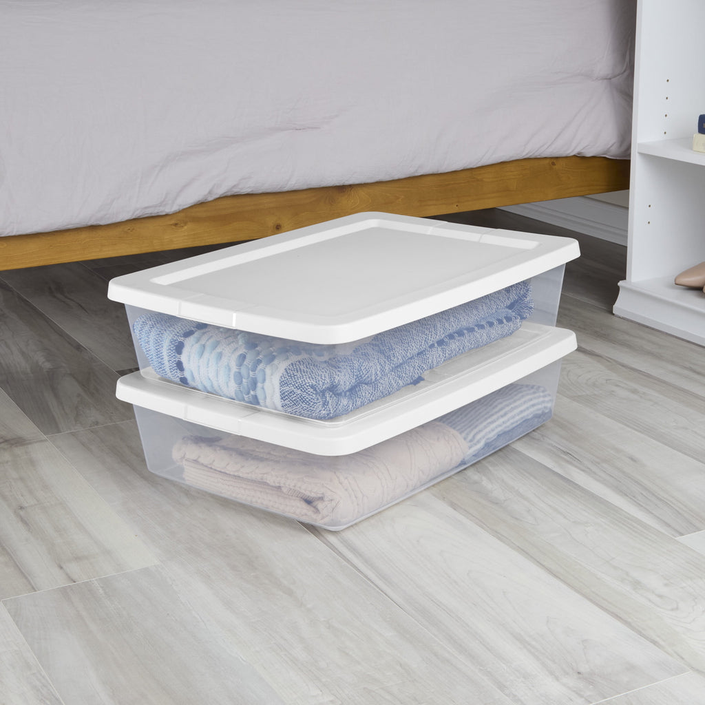 Set of (2) 28 Quart Storage Bins, Clear Plastic Storage Bin with Snap-on Lid, White