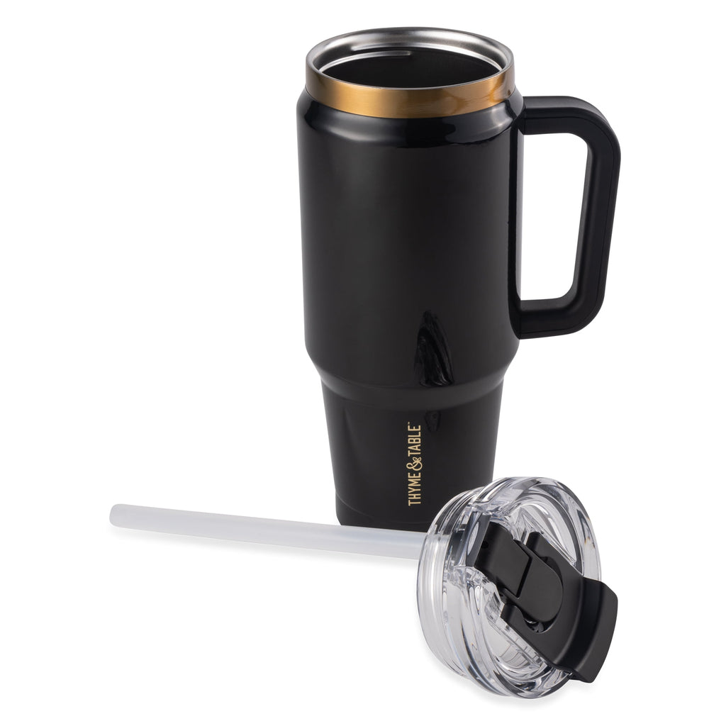Thyme &amp; Table 32 fl oz Stainless Steel Luna Tumbler with Handle and Dual Straw Lid, Cream &amp; Black Check