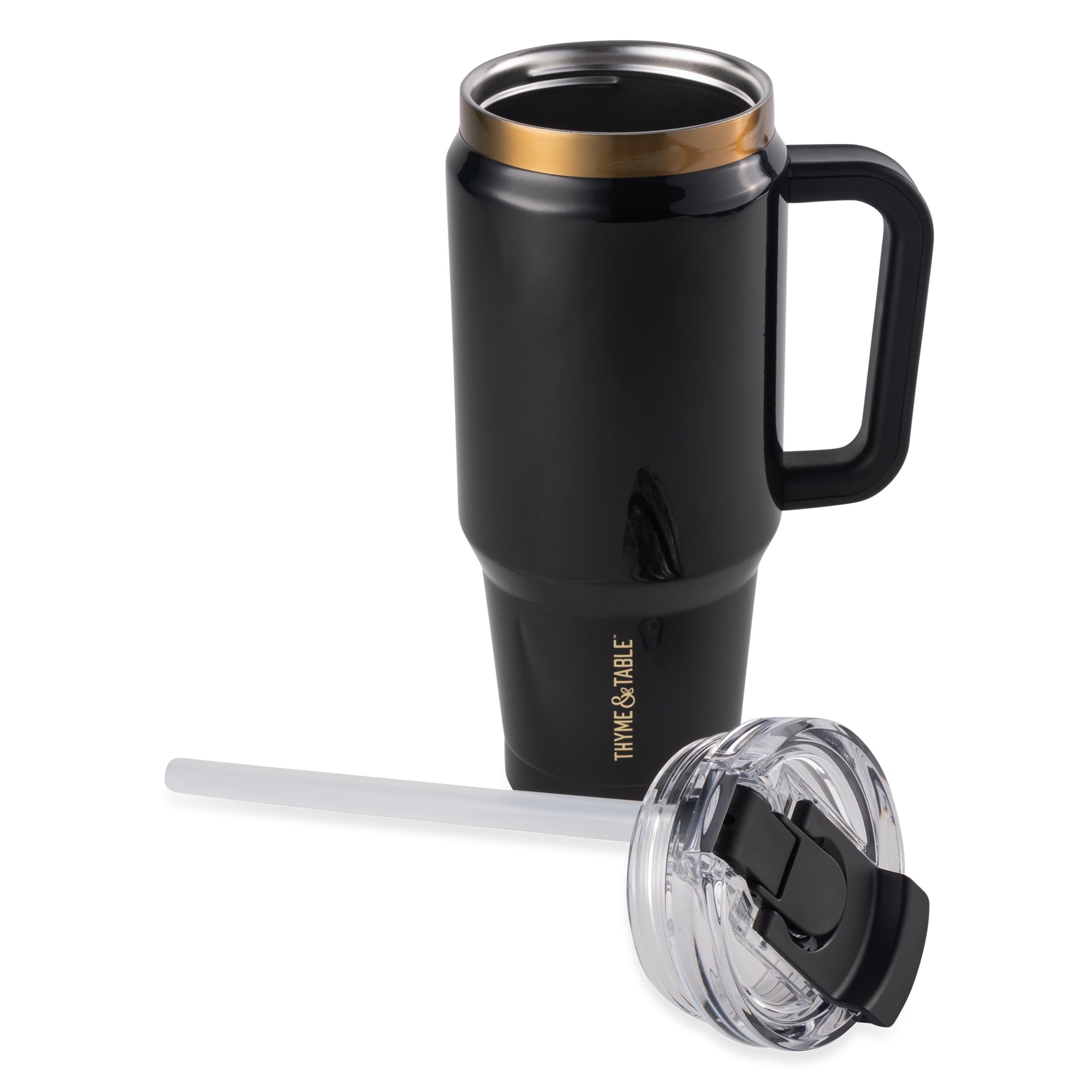 Thyme &amp; Table 32 fl oz Stainless Steel Luna Tumbler with Handle and Dual Straw Lid, Cream &amp; Black Check