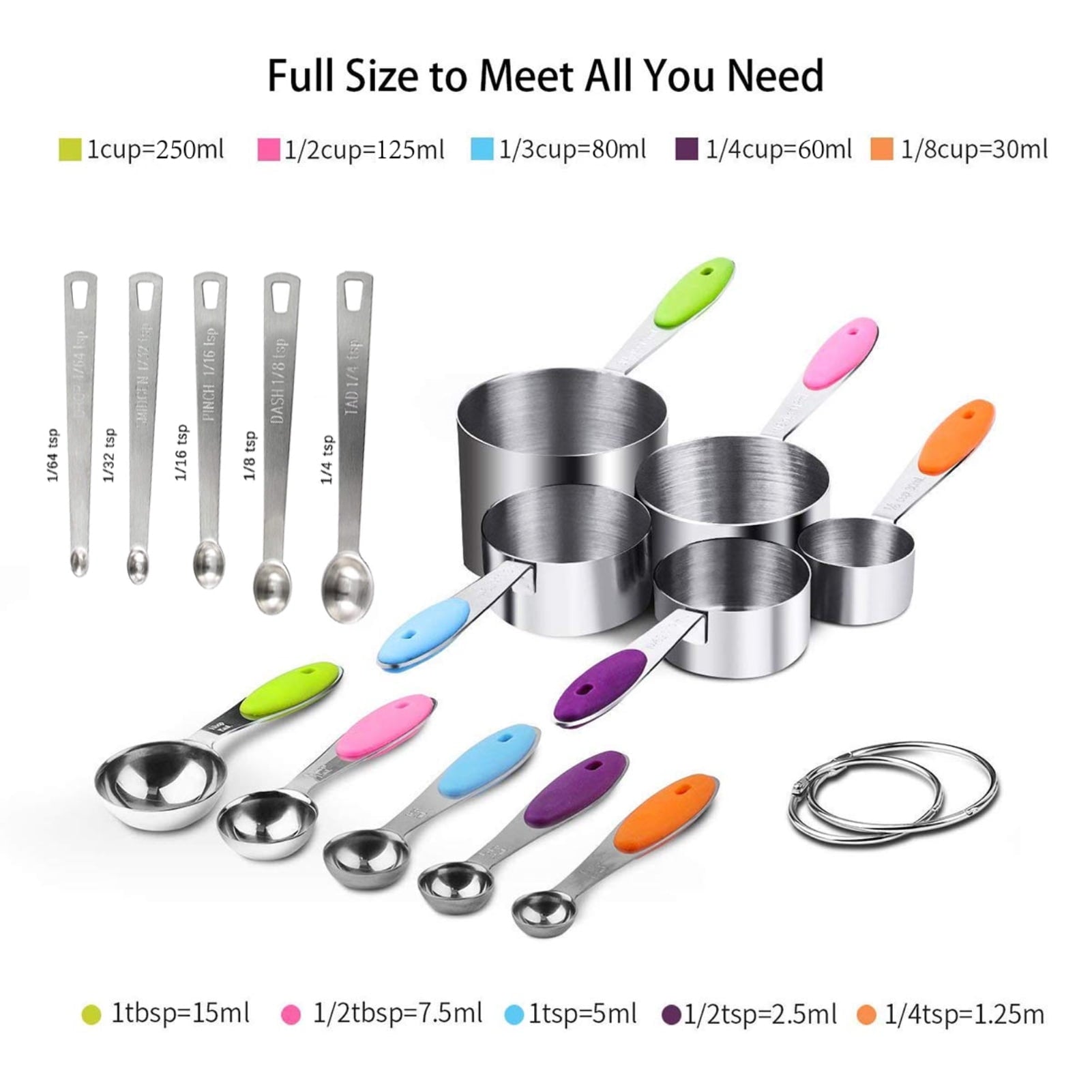 Measuring Cups and Spoons Set of 15, Kitchen Measuring Tool with Colored Silicone Handle, Including 5 Nesting Measuring Cups, 5 Spoons, 5 Mini Spoons Stainless Steel for Cooking Baking