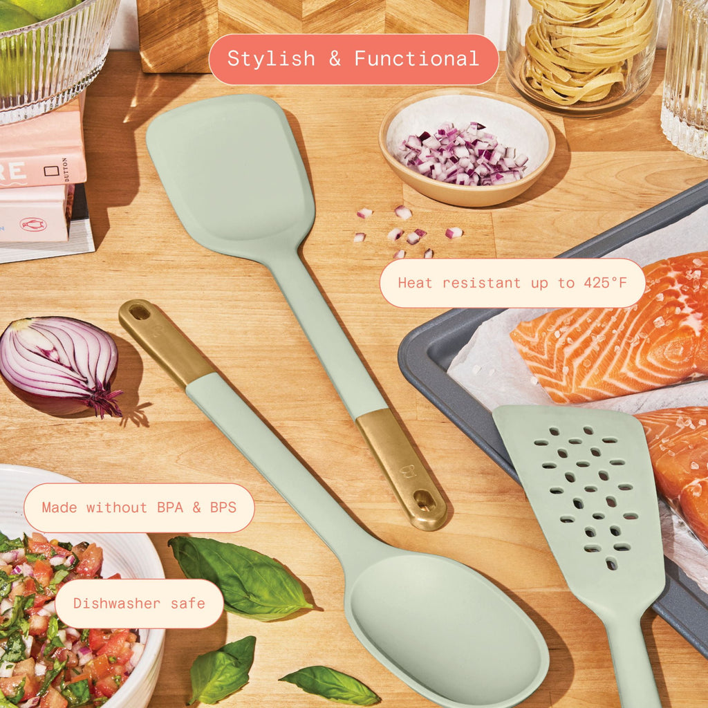 3-Piece Silicone Kitchen Utensil Tool Set, Porcini Taupe by Drew Barrymore