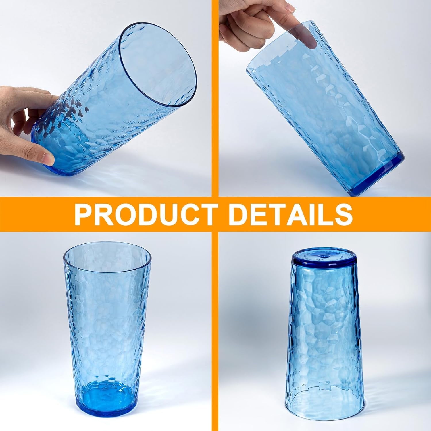Hammered 24 ounce Plastic Drinking Tumbler Acrylic Glasses, Set of 8 Multicolor