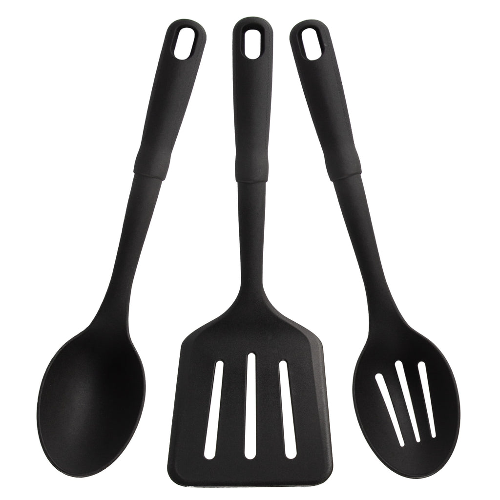 (4 pack) 3-Piece Kitchen Utensil Set, Slotted Spatula, Slotted Spoon and Solid Spoon, Black, Nylon