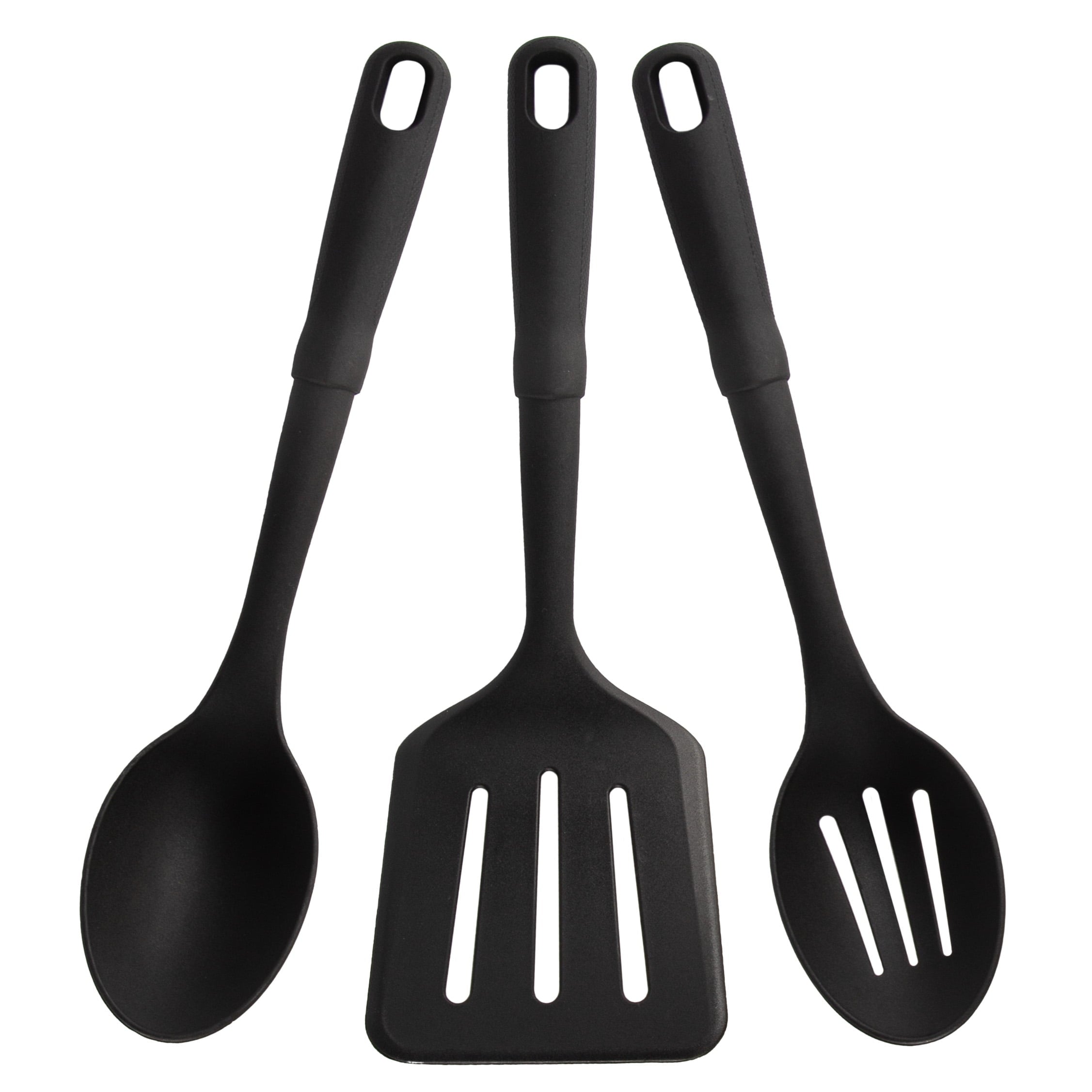 (4 pack) 3-Piece Kitchen Utensil Set, Slotted Spatula, Slotted Spoon and Solid Spoon, Black, Nylon
