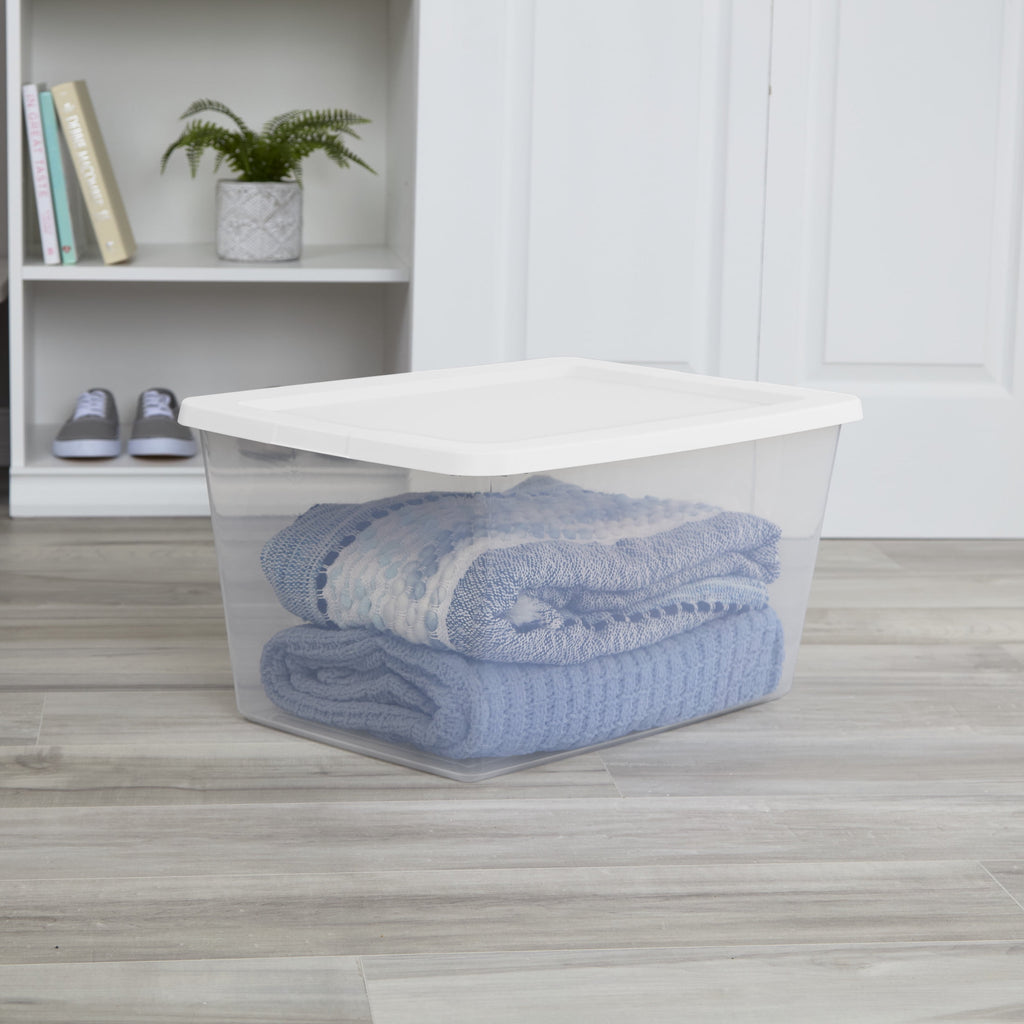 58 Quart Medium Storage Bin, Clear Plastic Storage Container with Snap-On Lid, White