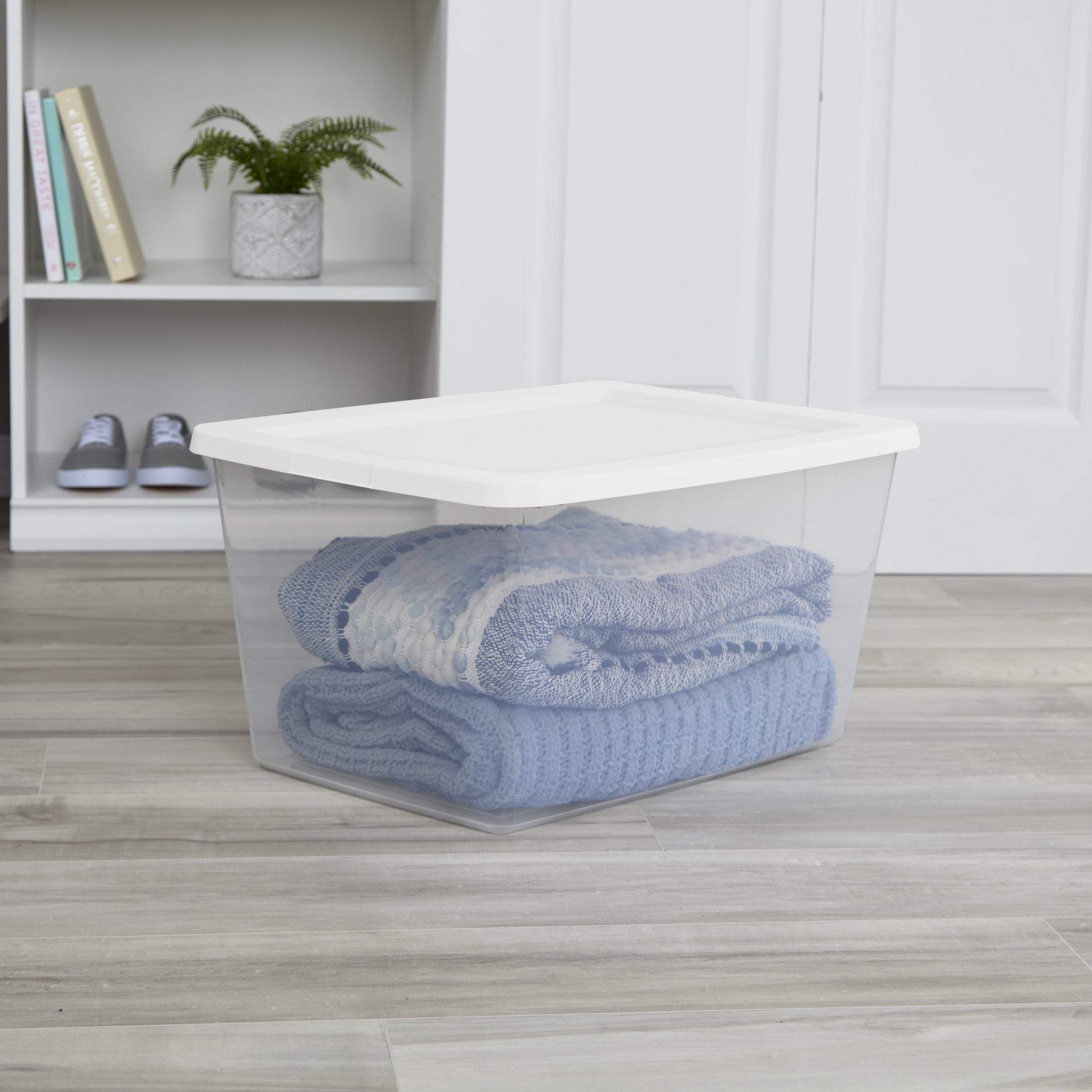58 Quart Medium Storage Bin, Clear Plastic Storage Container with Snap-On Lid, White