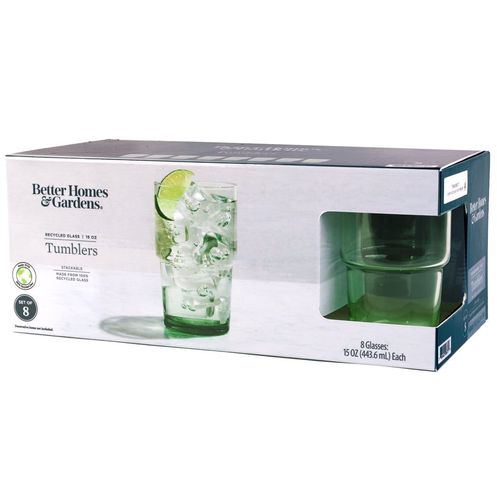 Better Homes &amp; Gardens Clear Green Glass, Glassware, 8 Pack, 15 oz