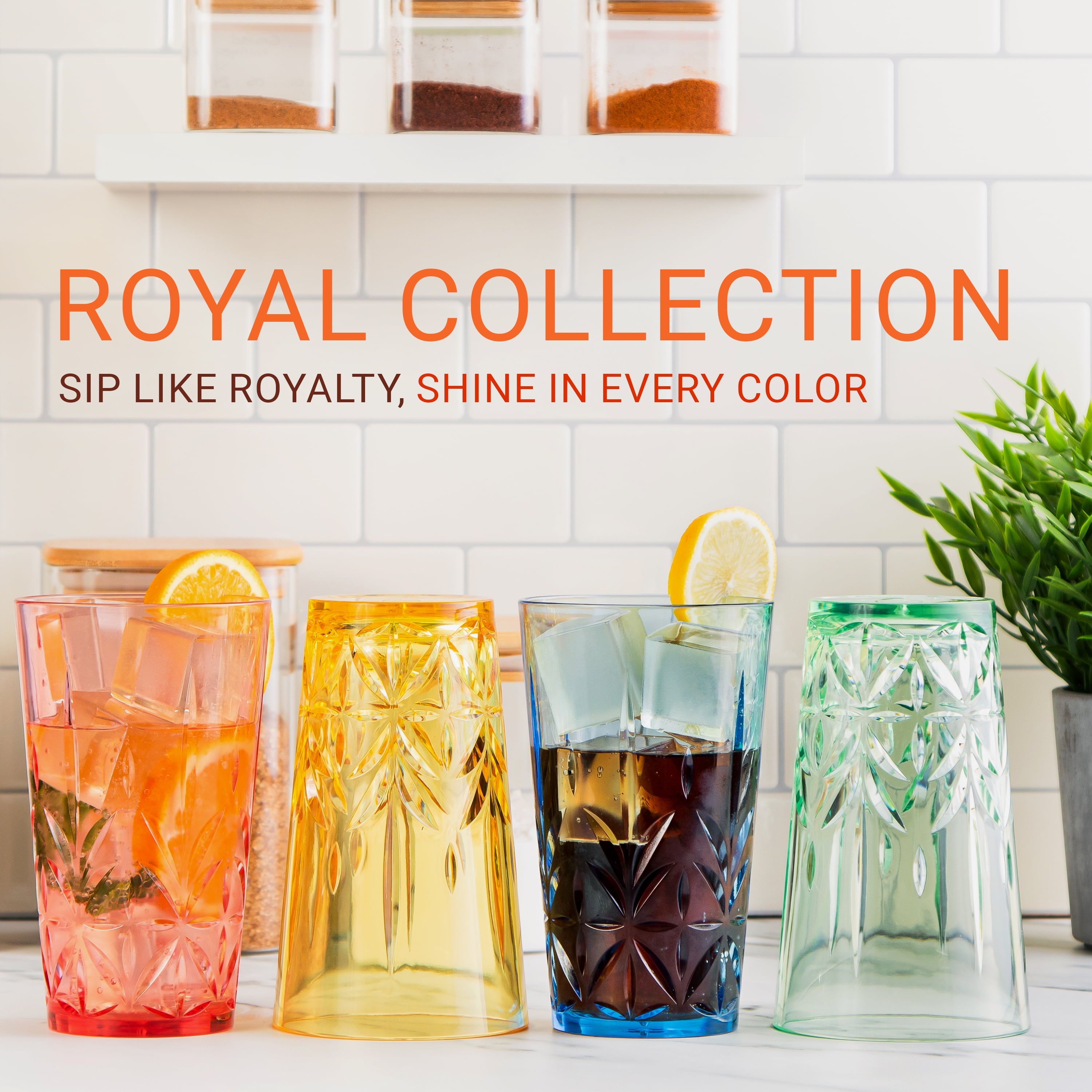 Royal Plastic Drinking Tumbler, Dishwasher-Safe Water Glasses, Mixed Colors Assorted Cups, 18 oz Set of 6