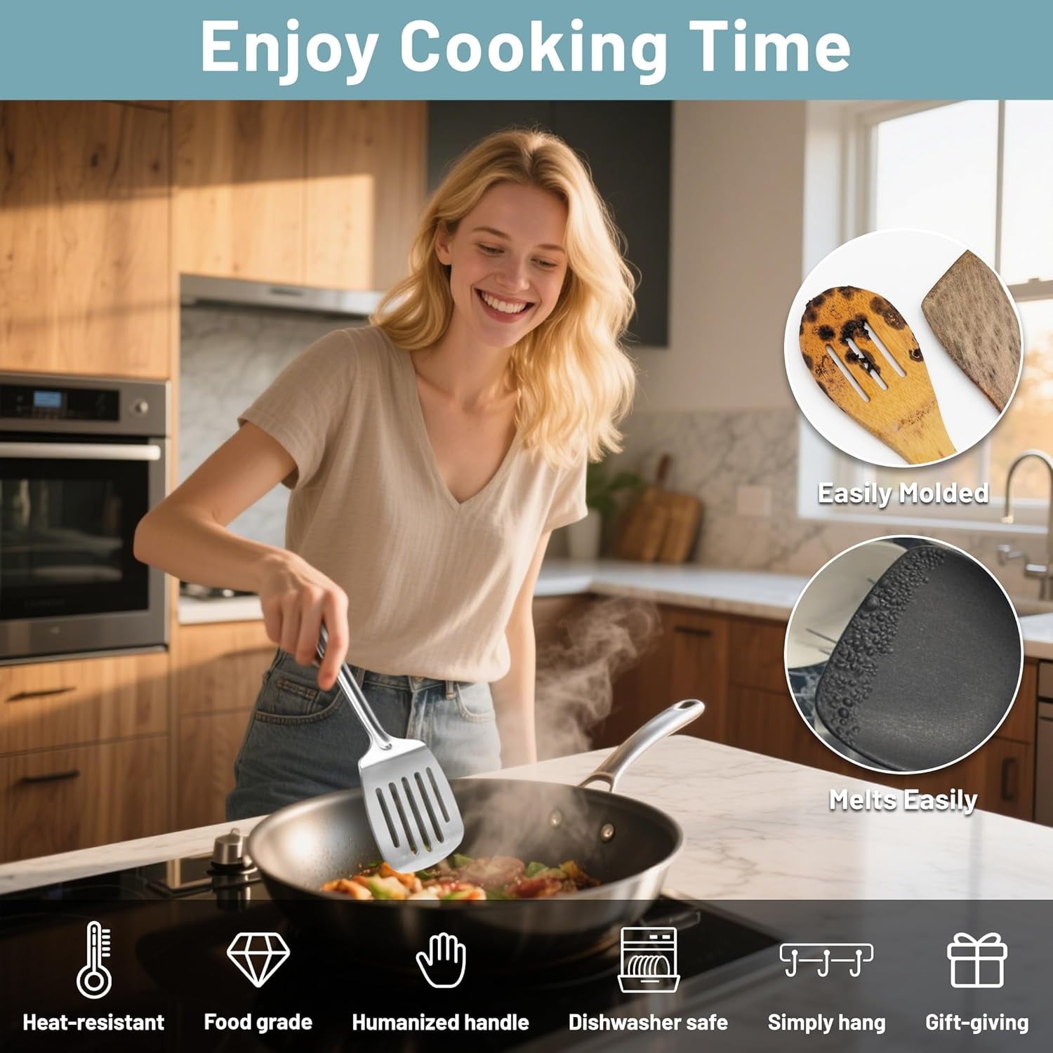 Cooking Utensils Set, 9 Pcs Stainless Steel Kitchen Utensils Set, Kitchen Tools Set, Spatula Sets w Utensil Holder, Wok Spatula,Ladle,Egg Whisk,Non-Stick And ,