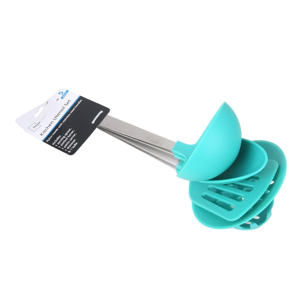 Stainless Steel and Nylon Kitchen and Cooking Utensil Set, Spoon, Spatula, Ladle, Pasta Spoon and Skimmer Assorted Colors