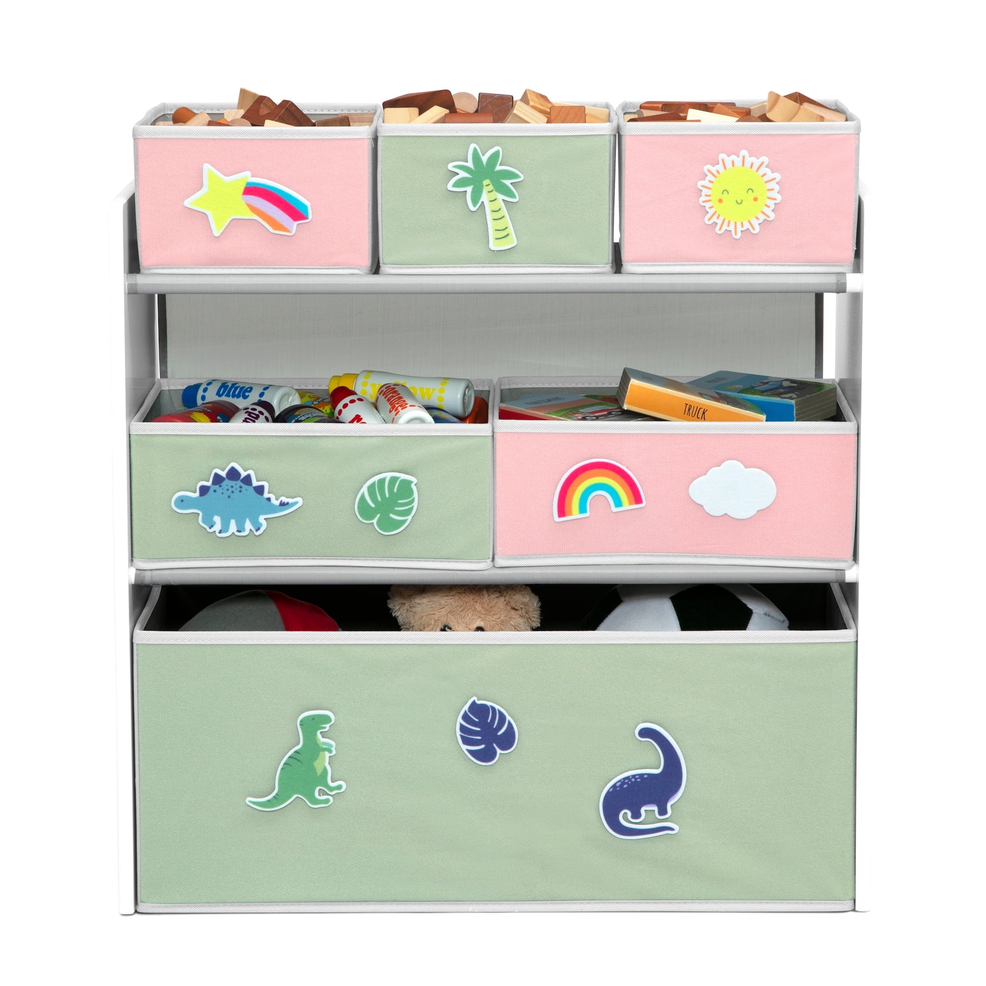 Design &amp; Store 6 Bin Toy Storage Organizer with Interchangeable Patches, Green/Pink