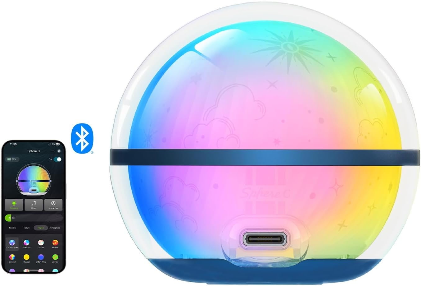 Sphere C Smart Night Light, USB-C Rechargeable, App Control Ambient Lighting, 75 Lumens Stepless Dimming Nightlamp, Portable for Parties, Camping, Reading or Bedrooms (Type-C Cable Excluded)