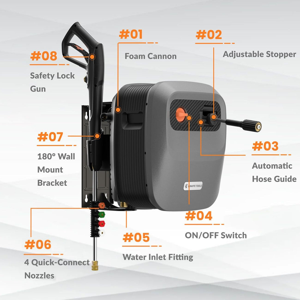 Giraffe Tools Grandfalls G20 Wall Mounted 1900 PSI 2.2 GPM Brushless Electric Pressure Washer with 65-ft Retractable Hard Hose