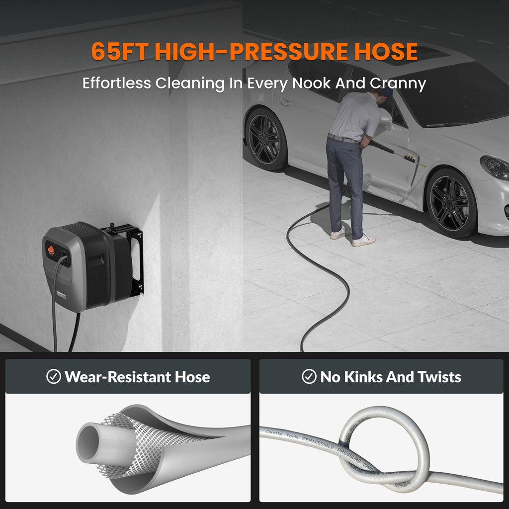 Giraffe Tools Grandfalls G20 Wall Mounted 1900 PSI 2.2 GPM Brushless Electric Pressure Washer with 65-ft Retractable Hard Hose
