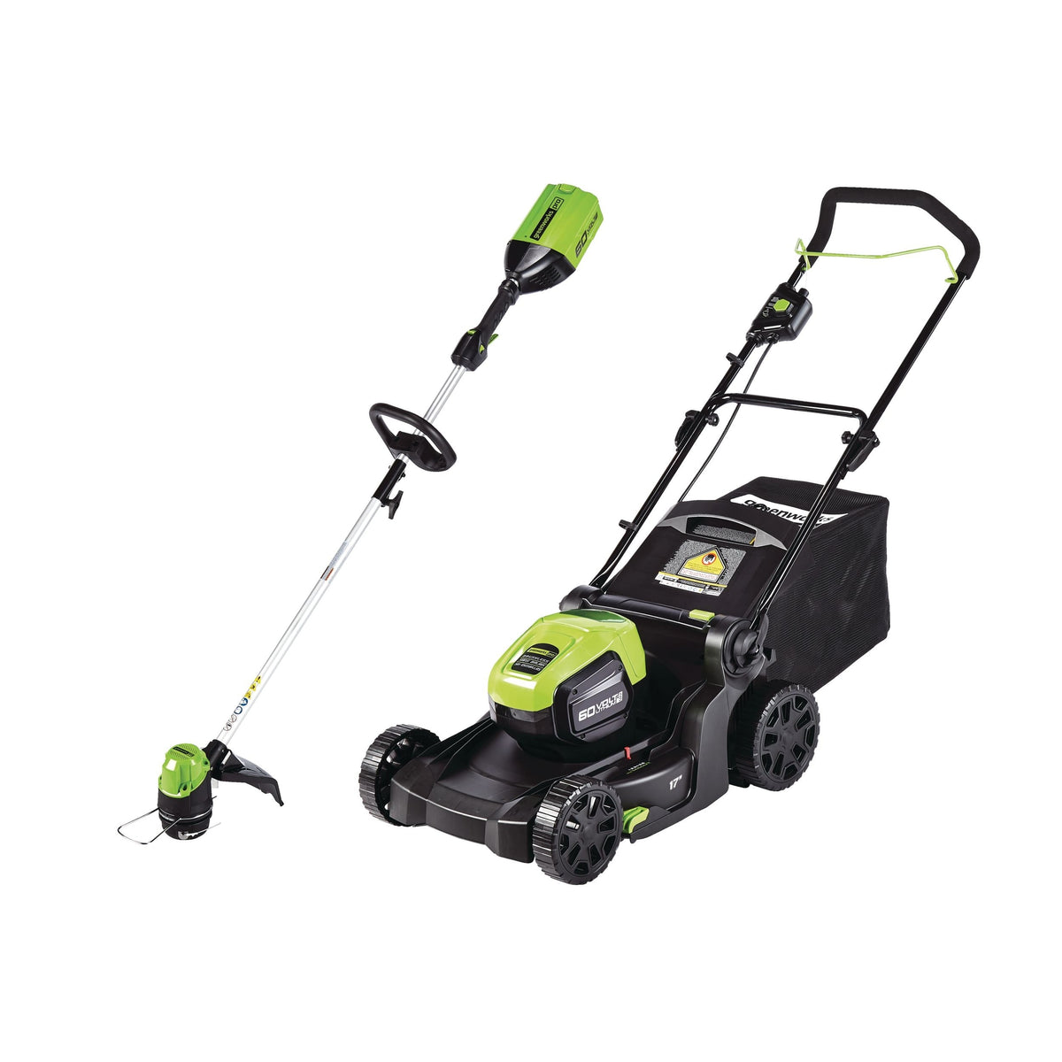 Greenworks 2-in-1 60V 4Ah Battery, Cordless Push Lawn Mower + String Trimmer, 17-in + 13-in