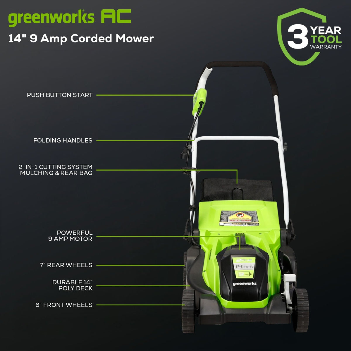 Greenworks 9A 2-in-1 Corded Lawn Mower, 14-in