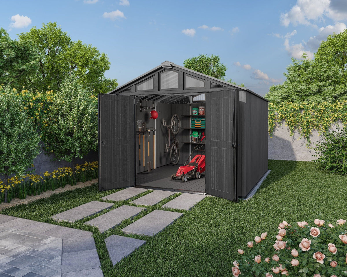 Keter Apex Resin 2-Door Outdoor Storage Shed with Full Length Skylight, Grey, 10-ft x 11.5-ft