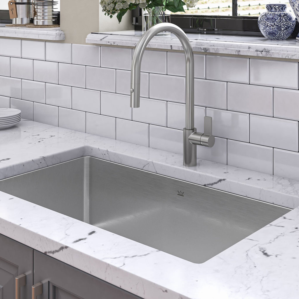 Kindred Brookmore Undermount Single Bowl Off Set Waste Kitchen Sink, 32.5-in x 18.1-in x 9-in, Stainless Steel