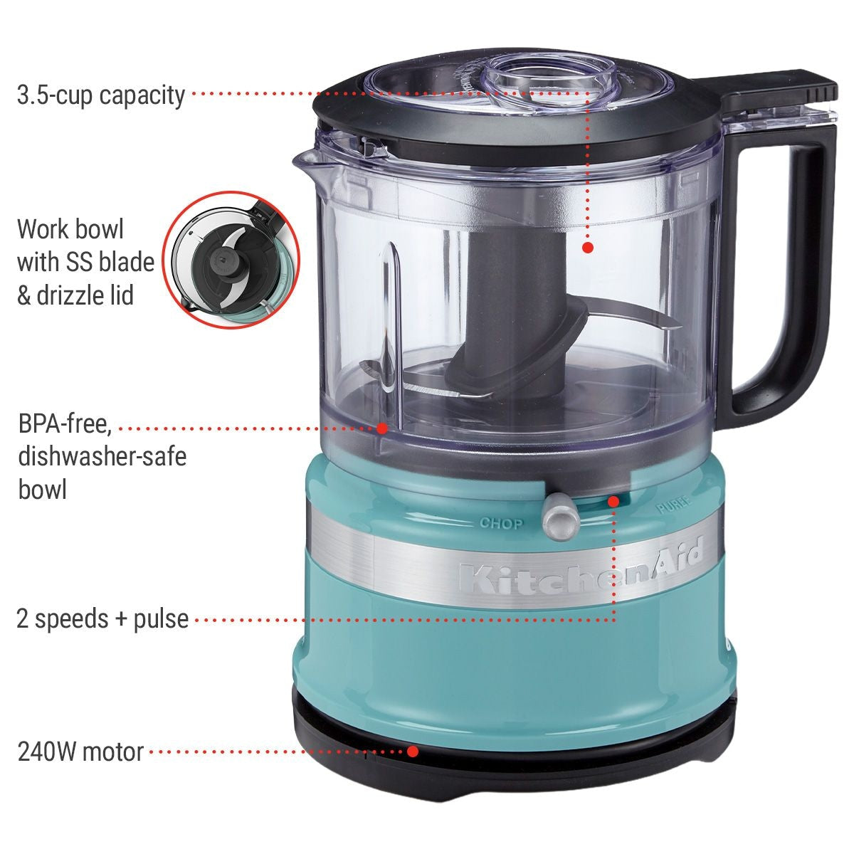 KitchenAid Compact 3.5 Cup Food Chopper/Mini Food Processor with Dishwasher Safe Parts, Aqua Sky