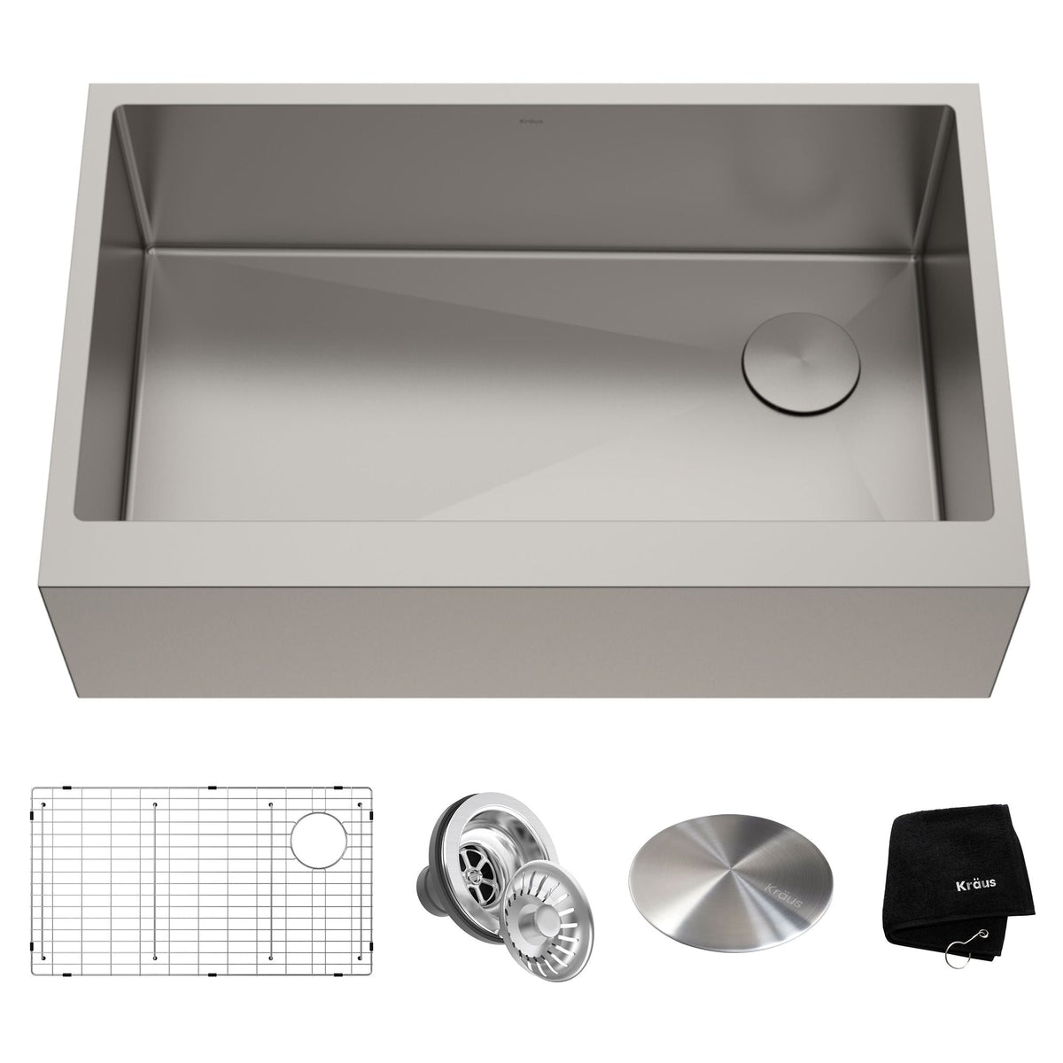 Kraus Kore Apron Front Farmhouse Stainless Steel Single Bowl Kitchen Sink with Add-Ons, 33x21x10-in