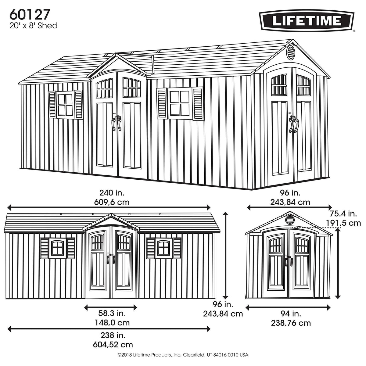 Lifetime Outdoor Storage Shed with Dual Side Entry, 20 x 8-ft