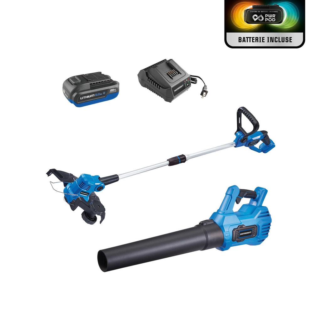 Mastercraft 20V Cordless 12" String Trimmer and 370CFM Blower Combo Kit with PWR POD 2 Ah Battery and Charger