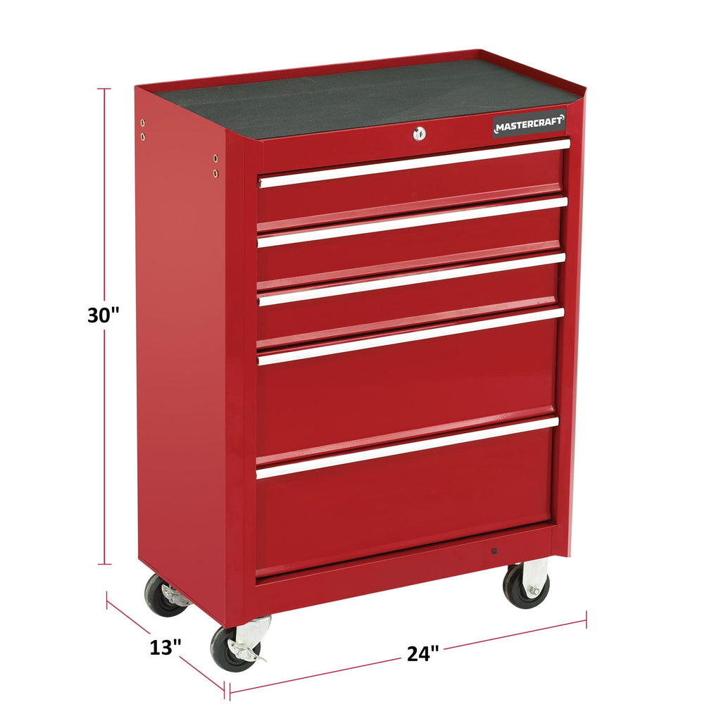 Mastercraft Rolling Tools Storage Cabinet with 5 Drawers, Deep Red, 24-in