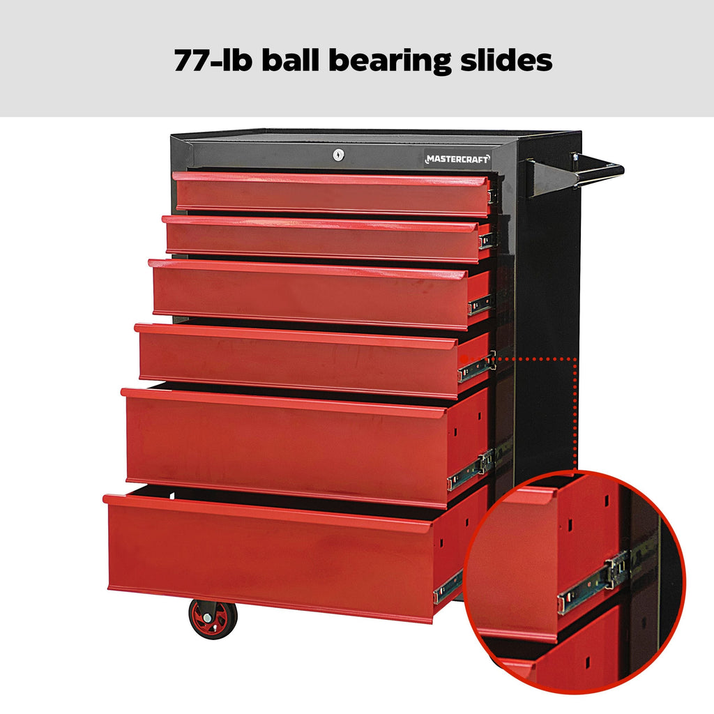 Mastercraft Rolling Tools Storage Cabinet with 6 Drawers, Black&Red, 26-in