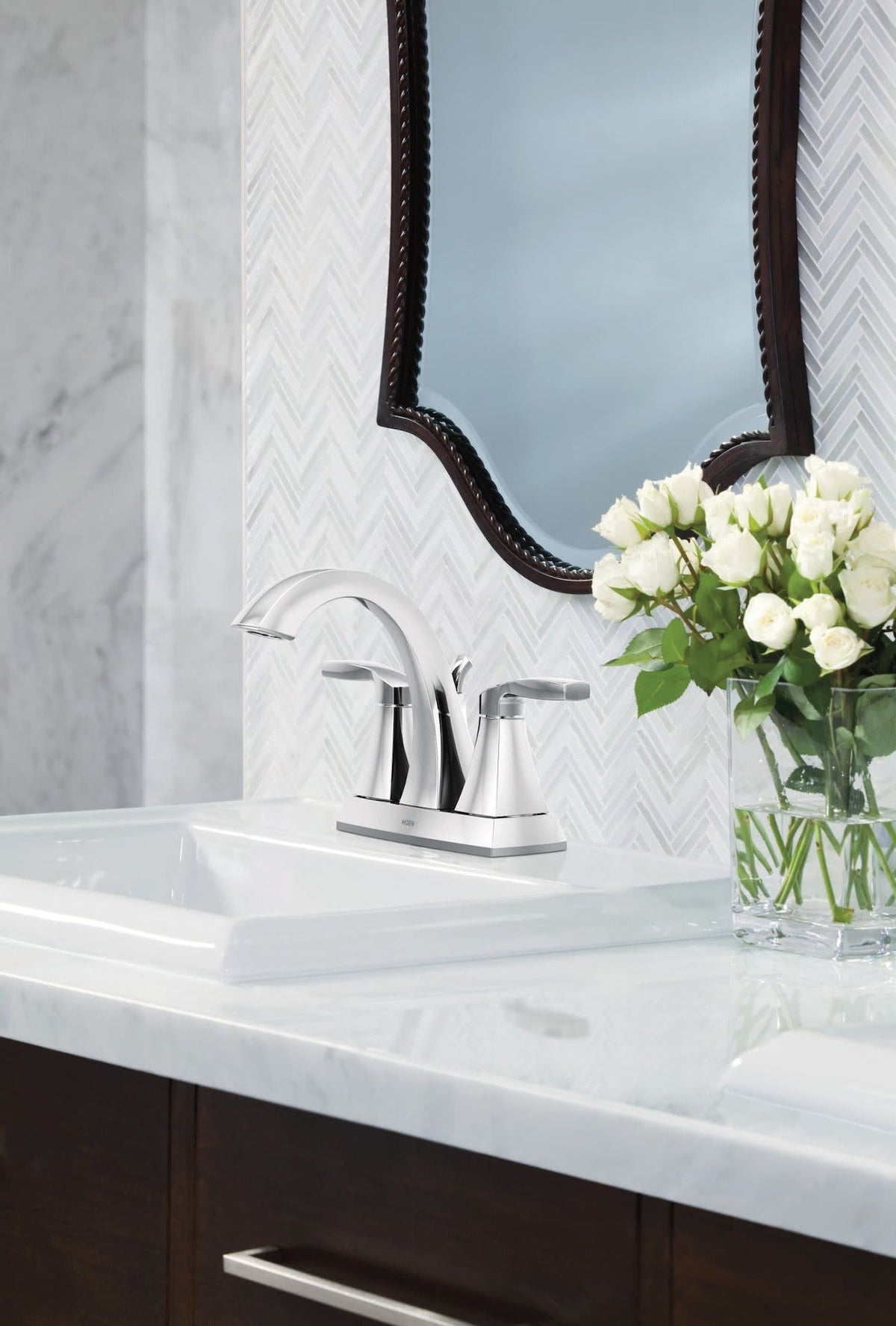 Moen Voss Double Handle High Arc 4-in Centerset Bathroom Sink Faucet, Chrome