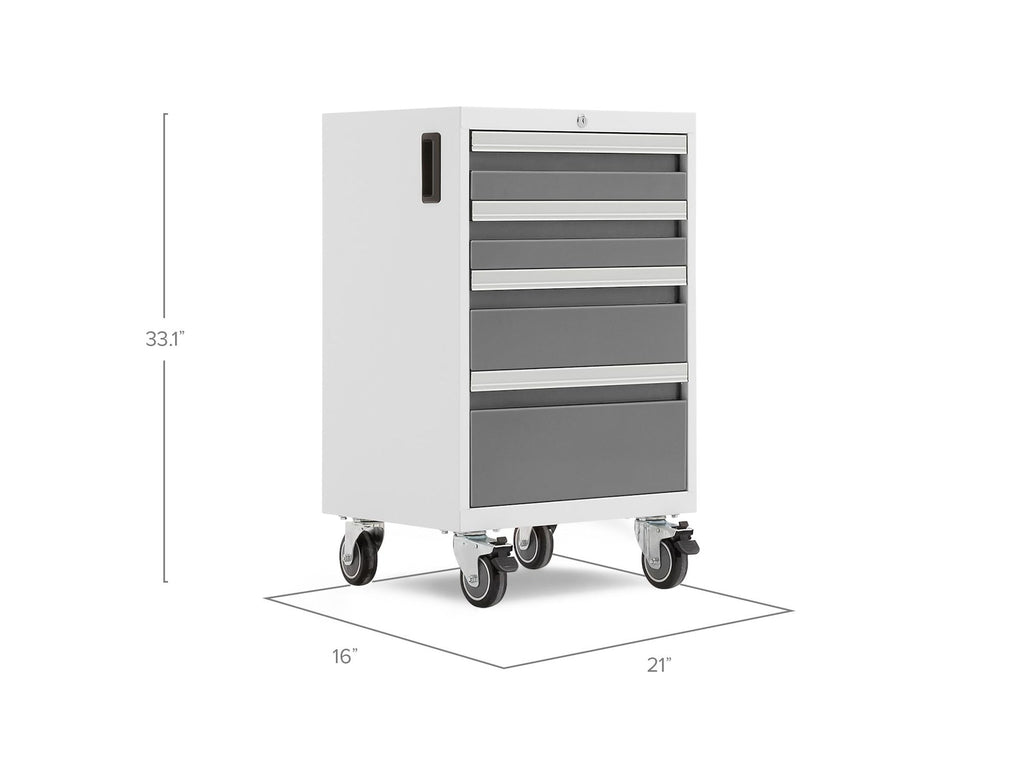 NewAge Bold 3.0 Series Lockable 4-Drawer Rolling Tool Cabinet, Fully-Welded, 600-lb Capacity, White/Platinum, 21-in