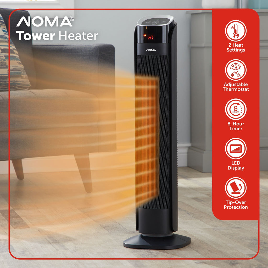 NOMA Oscillating Tower Ceramic Heater withRemote Control & Thermostat, 1500W, Black, 30-in