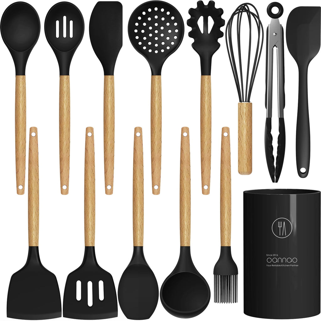 Silicone Cooking Utensils Set - 446°F Silicone Kitchen Utensils for Cooking,Kitchen Utensil Spatula Set w Wooden Handles and Holder, BPA FREE Gadgets for Non-Stick Cookware (Navy Blue)