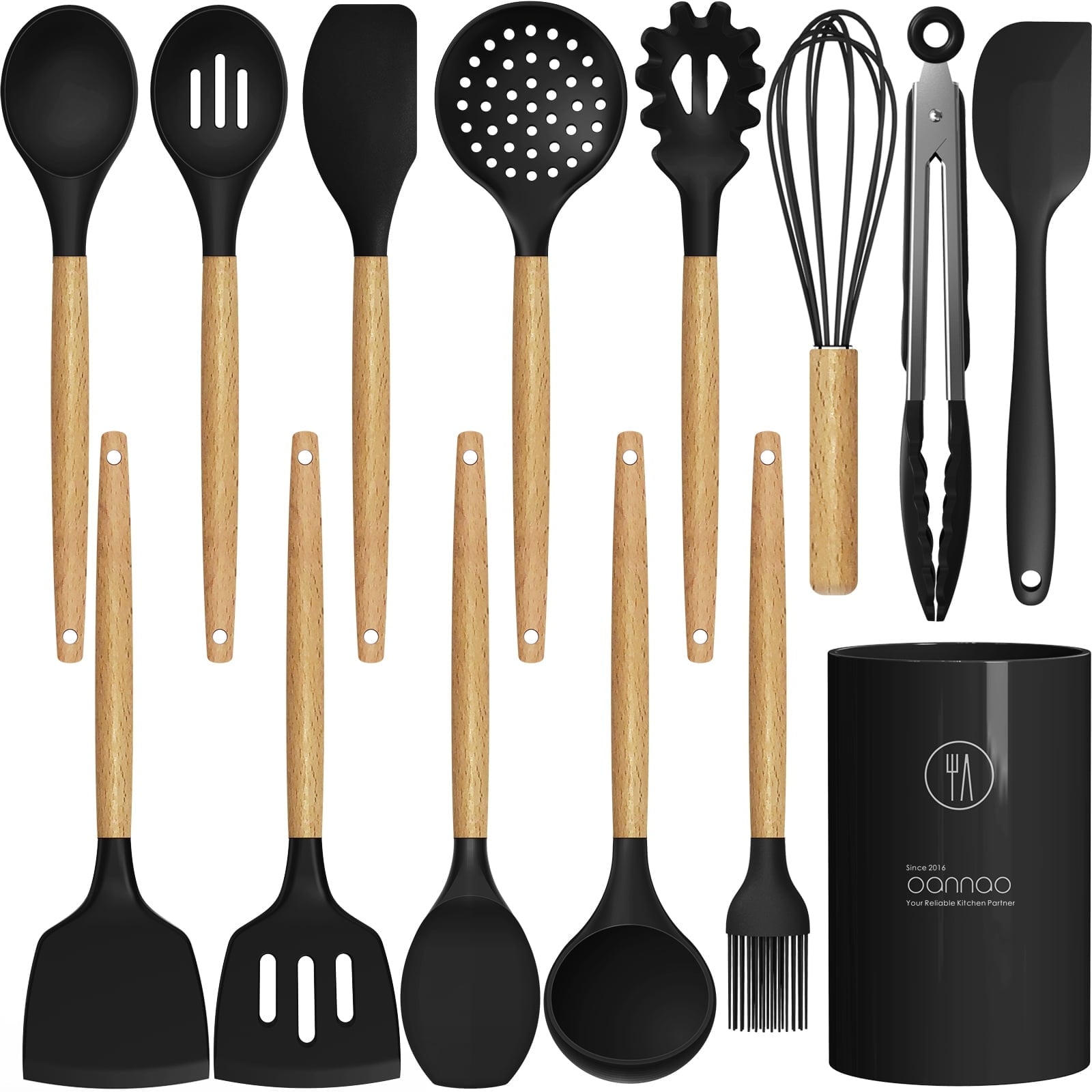 Silicone Cooking Utensils Set - 446°F Silicone Kitchen Utensils for Cooking,Kitchen Utensil Spatula Set w Wooden Handles and Holder, BPA FREE Gadgets for Non-Stick Cookware (Navy Blue)