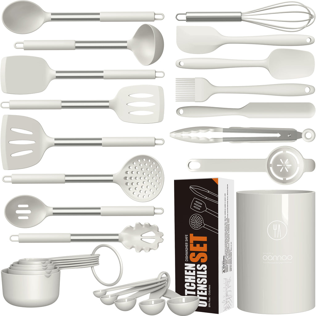 Large Silicone Cooking Utensils Set - Kitchen Utensils,Turner Tongs,Spatula,Spoon,Brush,Whisk,Stainless Steel Silicone Cooking Tool for Nonstick Cookware, (Khaki)