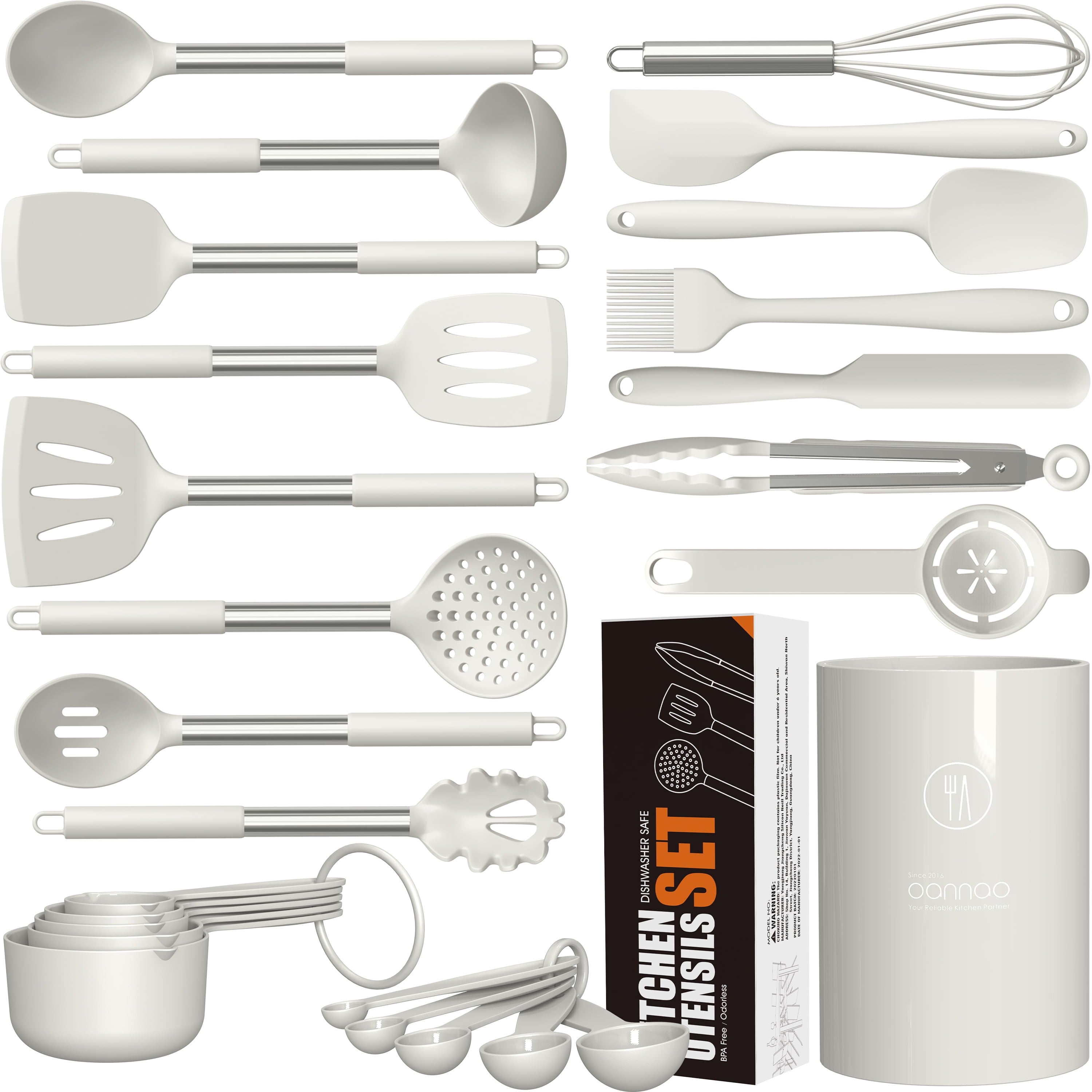 Large Silicone Cooking Utensils Set - Kitchen Utensils,Turner Tongs,Spatula,Spoon,Brush,Whisk,Stainless Steel Silicone Cooking Tool for Nonstick Cookware, (Khaki)