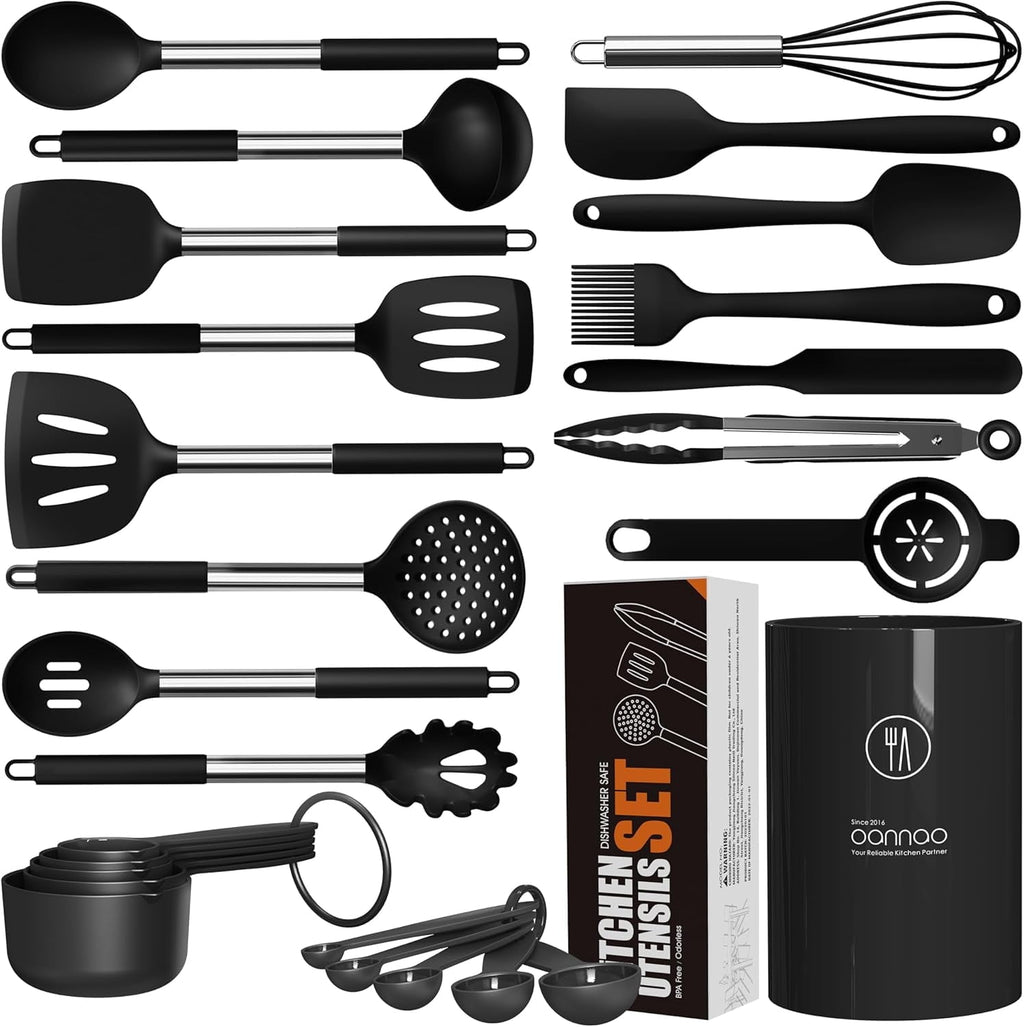 Large Silicone Cooking Utensils Set - Kitchen Utensils,Turner Tongs,Spatula,Spoon,Brush,Whisk,Stainless Steel Silicone Cooking Tool for Nonstick Cookware, (Khaki)