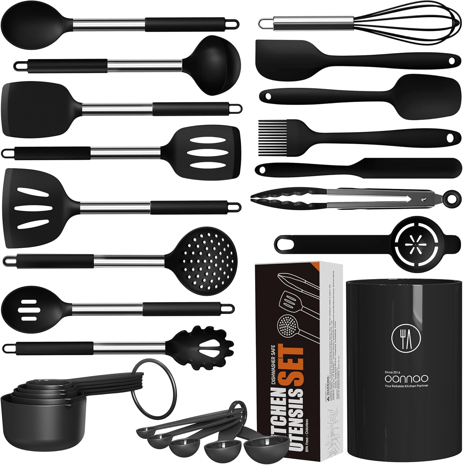 Large Silicone Cooking Utensils Set - Kitchen Utensils,Turner Tongs,Spatula,Spoon,Brush,Whisk,Stainless Steel Silicone Cooking Tool for Nonstick Cookware, (Khaki)