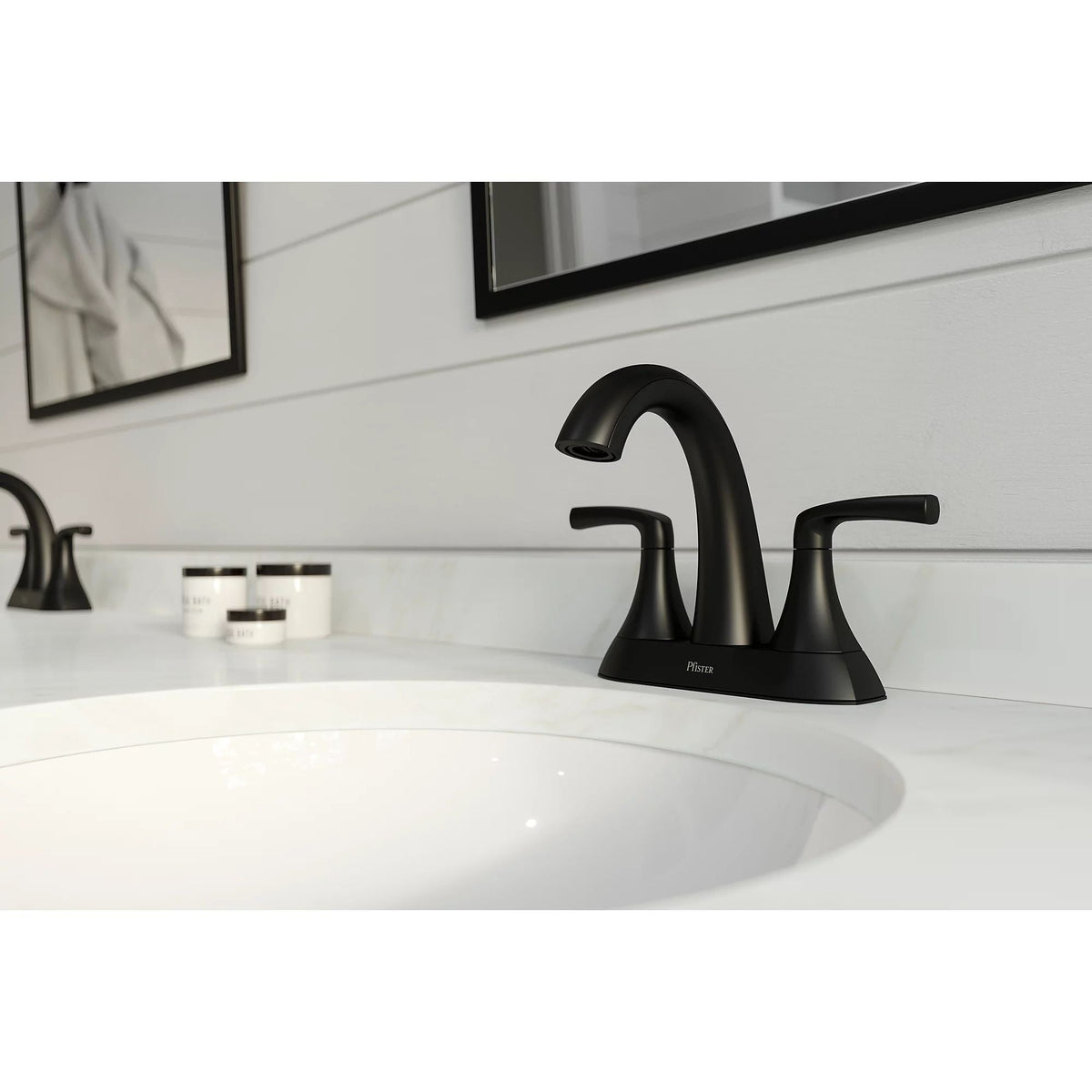 Pfister Rancho Double Handle 4-in Centreset Bathroom Sink Faucet Push & Seal Drain, WaterSense Certified, Matte Black