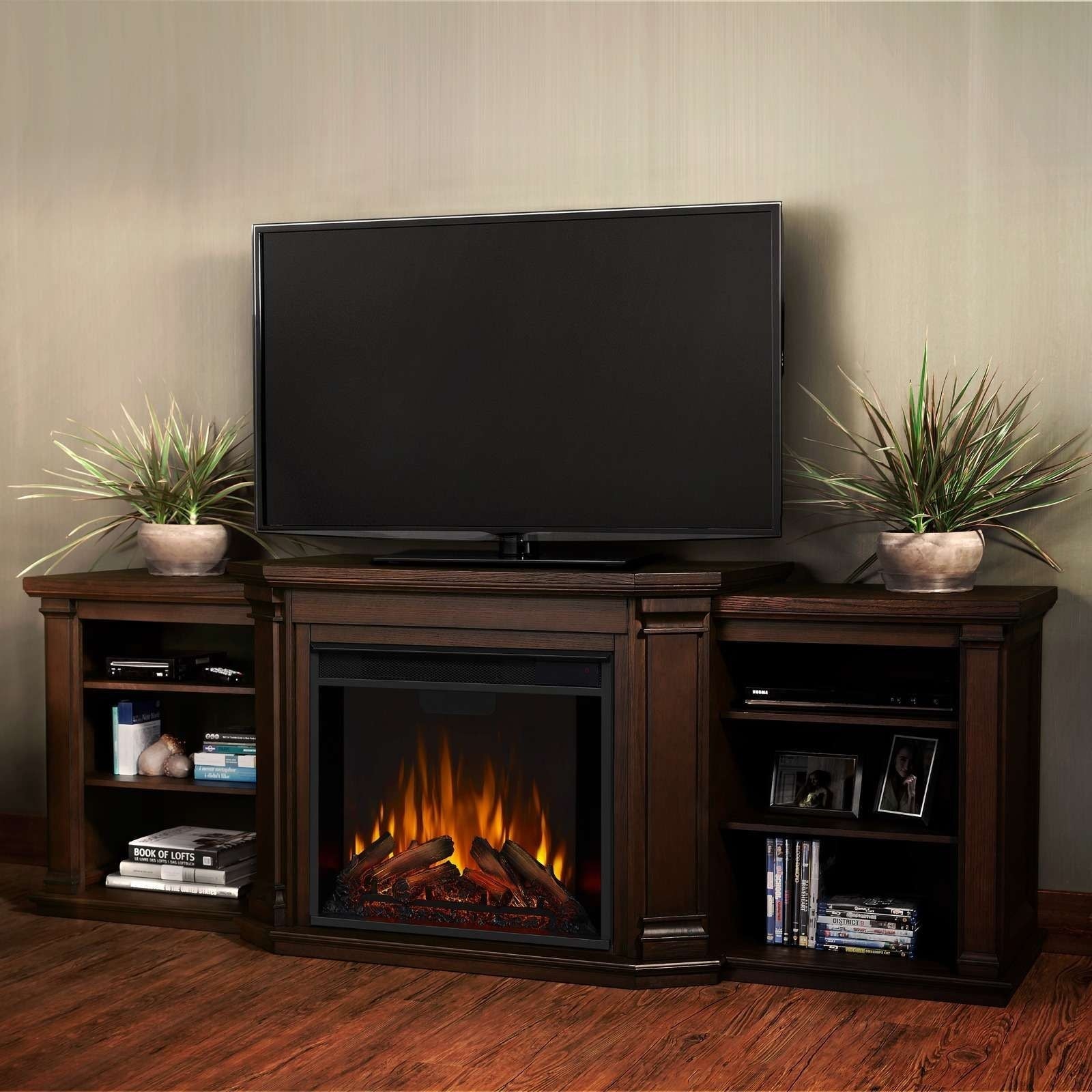 Real Flame Valmont Media Indoor Electric Fireplace TV Stand, 74-in, 1500W, Includes Remote Control & Firebox, Chestnut Oak