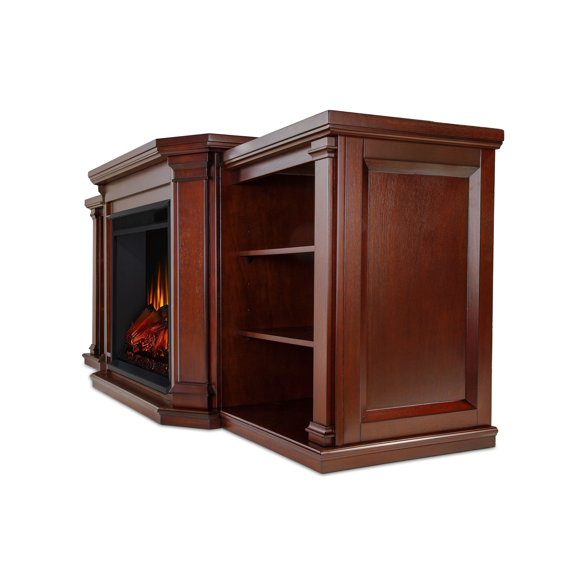 Real Flame Valmont Media Indoor Electric Fireplace TV Stand, 74-in, 1500W, Includes Remote Control & Firebox, Dark Mahogany