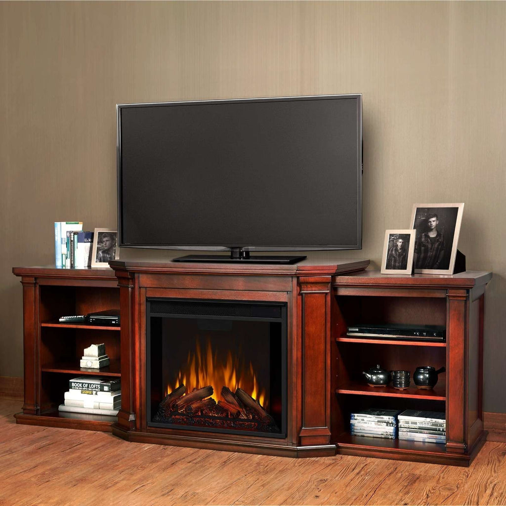 Real Flame Valmont Media Indoor Electric Fireplace TV Stand, 74-in, 1500W, Includes Remote Control & Firebox, Dark Mahogany