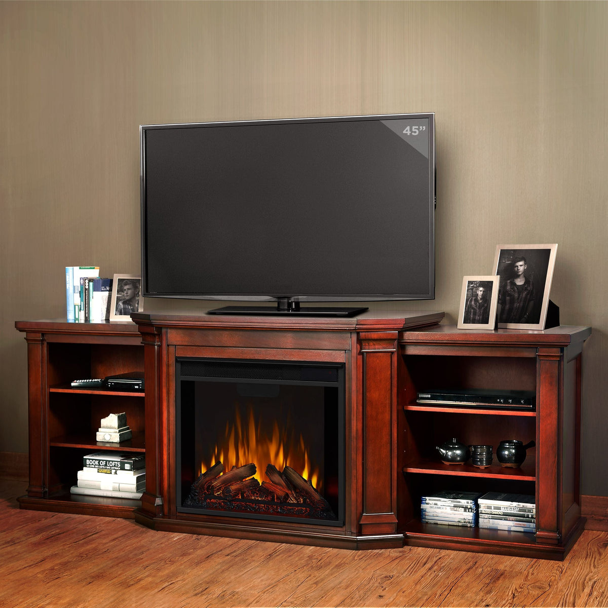 Real Flame Valmont Media Indoor Electric Fireplace TV Stand, 74-in, 1500W, Includes Remote Control & Firebox, Dark Mahogany