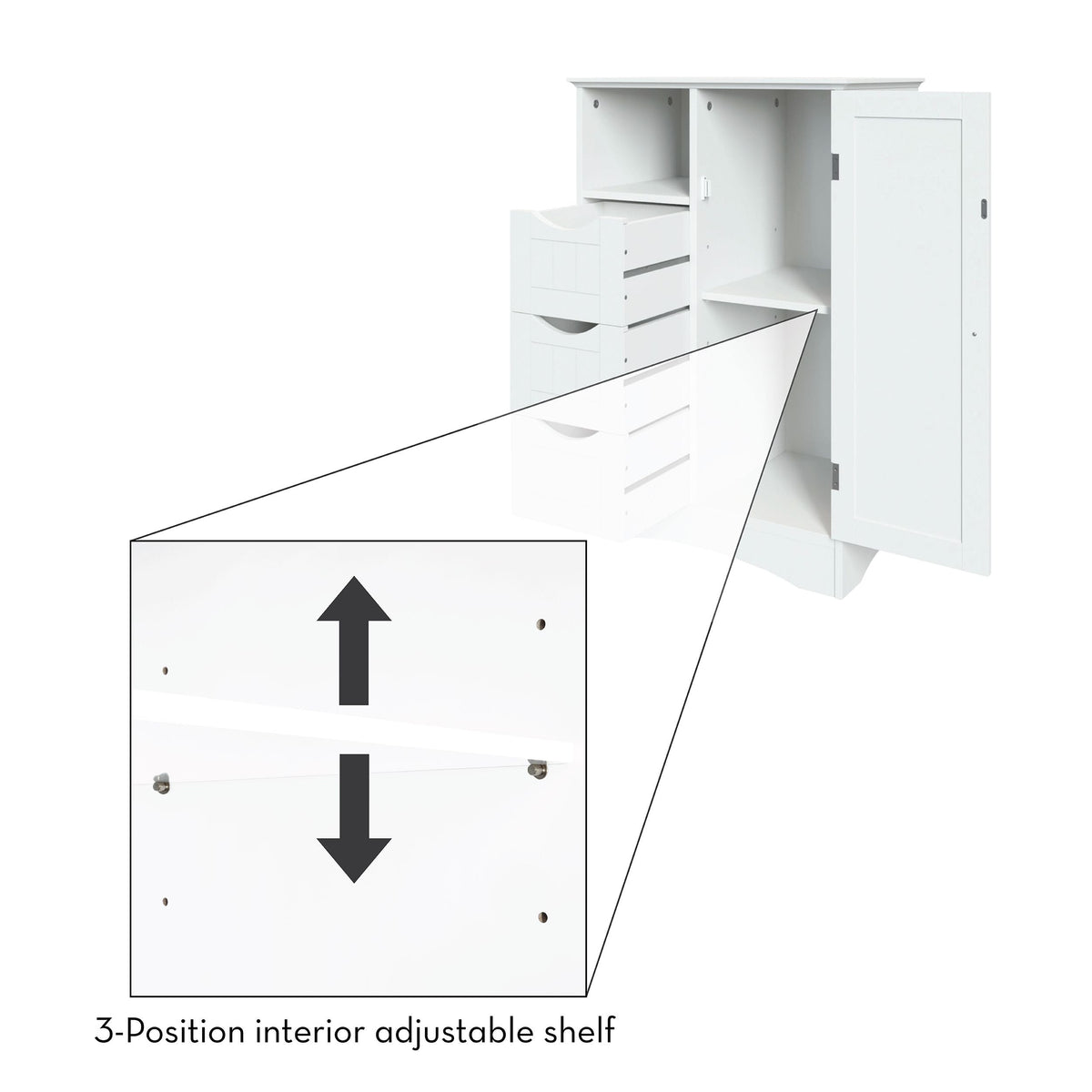 RiverRidge Home Ashland Single Door Bathroom & Laundry Storage Cabinet with 3 Drawers, Open Cubby & Adjustable Shelf, White