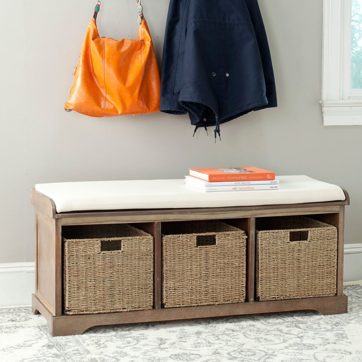 Safavieh Lonan Wicker Storage Bench, Grey Wash/White, 16.1-in x 47-in x 19.9-in