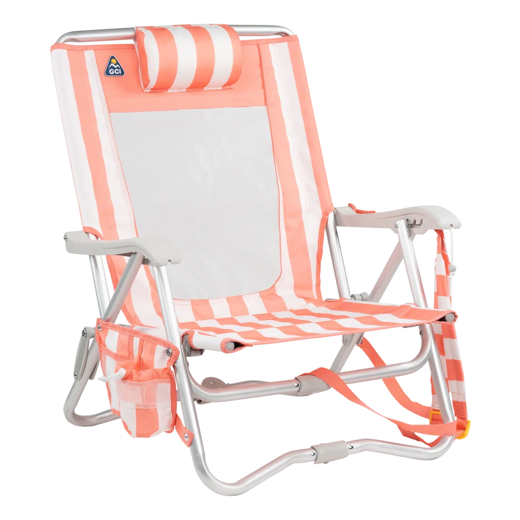 Front right angle of the SideKick lounger in coral stripes.