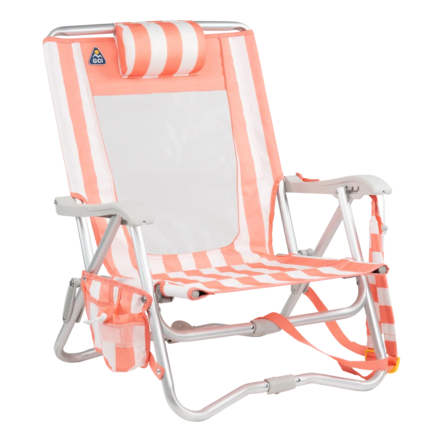 Front right angle of the SideKick lounger in coral stripes.